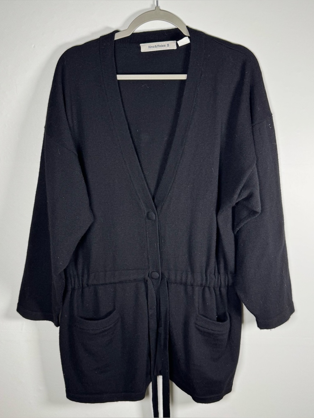 Vintage HINO & MALEE II Black Knit Wool Cinched Waist V-Neck Designer Jacket OS